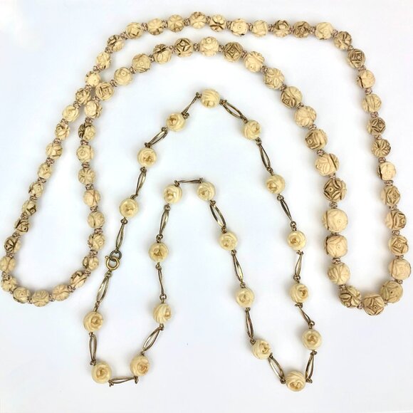 Vintage Bone Rose Boho Necklace Set (2) โ Hand-Carved Cabbage Roses, Silk Strand - Picture 2 of 11